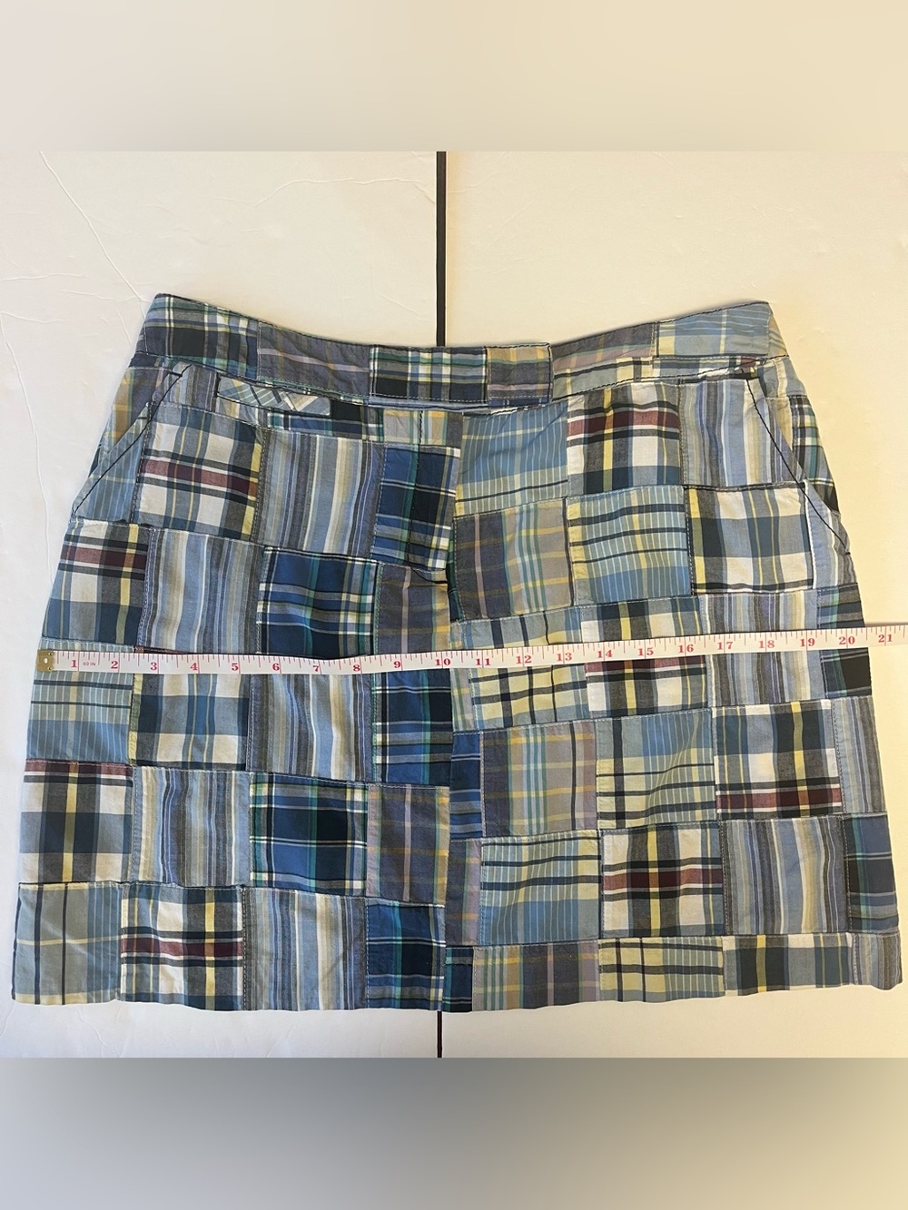 Vintage Y2K Larry Levine Preppy Mini Skirt Madras Blue Plaid Patchwork Cotton 10 - Picture 13 of 13